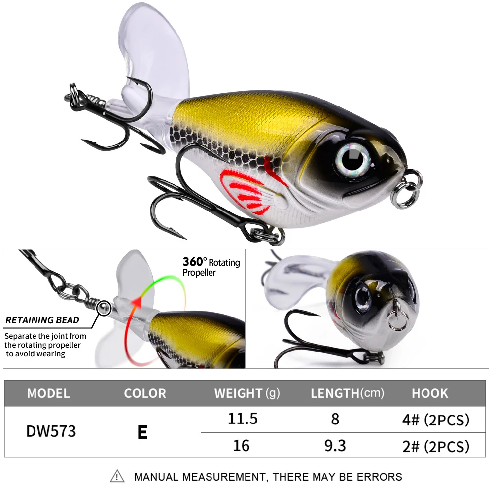 PROBEROS1PC Whopper Popper Topwater Angelköder – künstlicher harter Köder mit weichem rotierendem Schwanz für Barsch-Angelgeräte