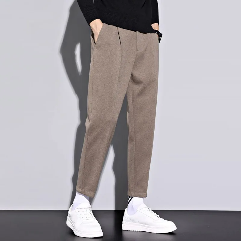 KIDWHXR Man Suit Pants Autumn Winter Simple Solid Pleated Male Trousers Thicken Fleece Mid Waist Men Business Causal Pants