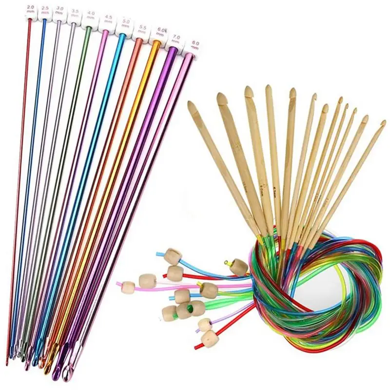 J1UL1N 46 Pieces Tunisian Crochet Hooks Set 3-10 Mm Cable Bamboo Knitting Needle With Bead Carbonized Bamboo Needle Hook