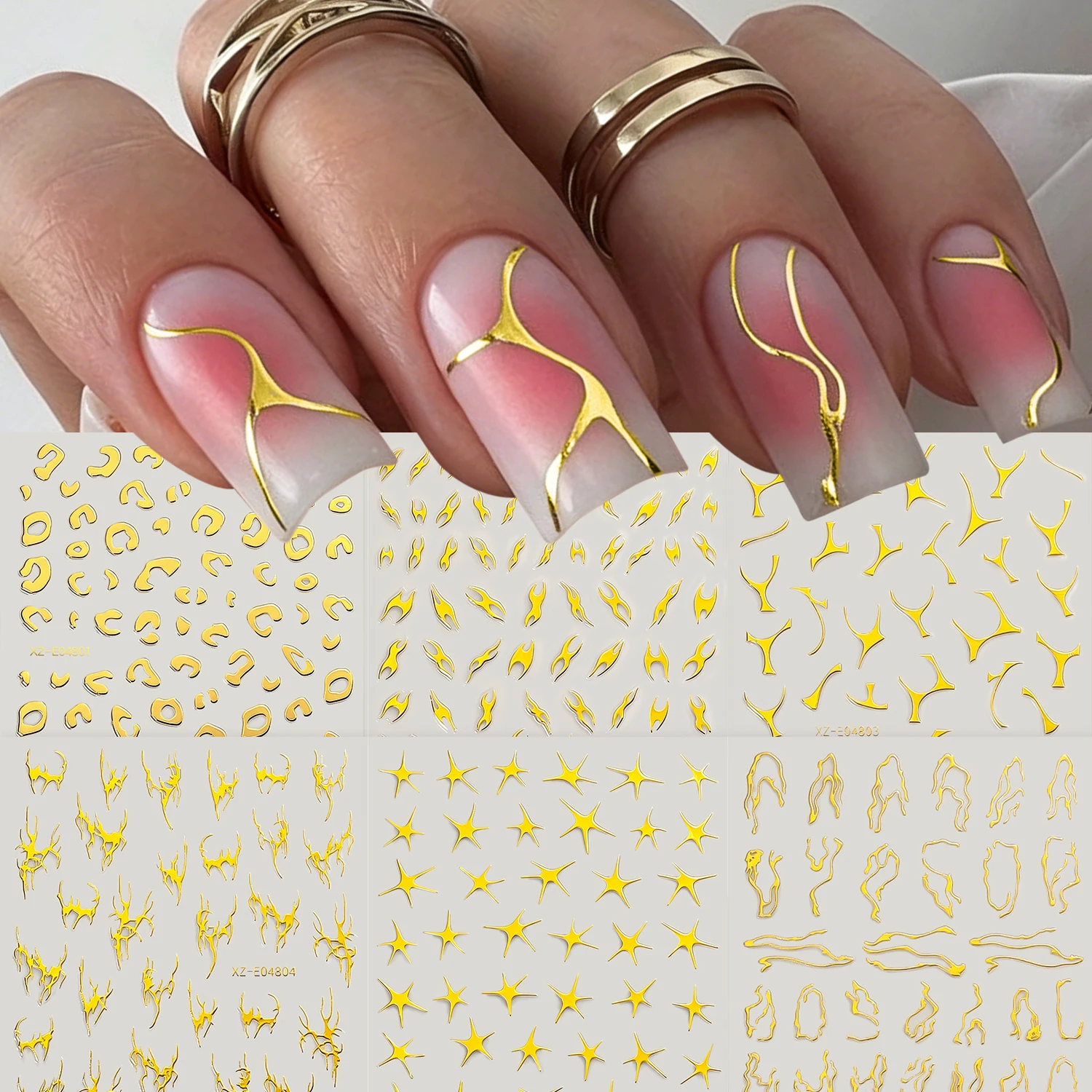 6pcs Gold Abstract Curve Line Star Nail Stickers Irregular Flame Starburst Self Adhesive Nails Decals Leopard Manicure Sliders 1