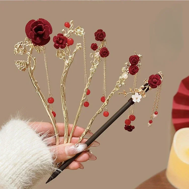 New Chinese Style Red Rose U-shaped Tassel Hairpin Womens Horse Face Skirt Accessories Headwear