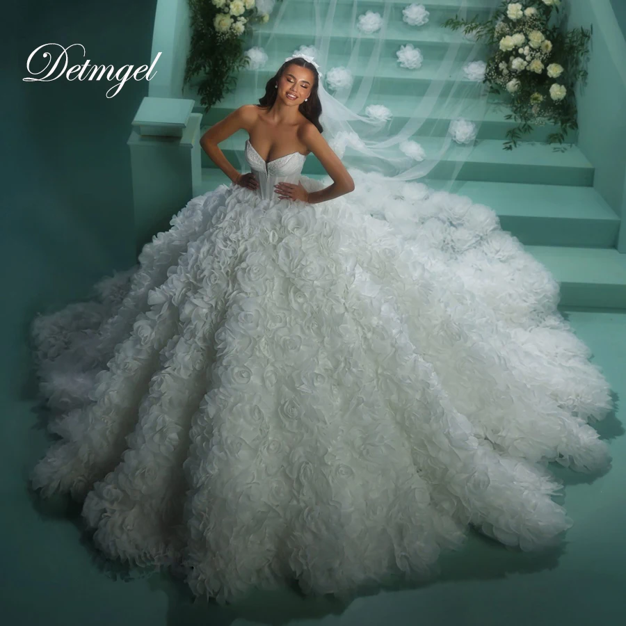 

Detmgel New Exquisite Ball Gown Wedding Dresses Backless Strapless 3D Flowers Lace Court Train Vestido De Noiva Customized