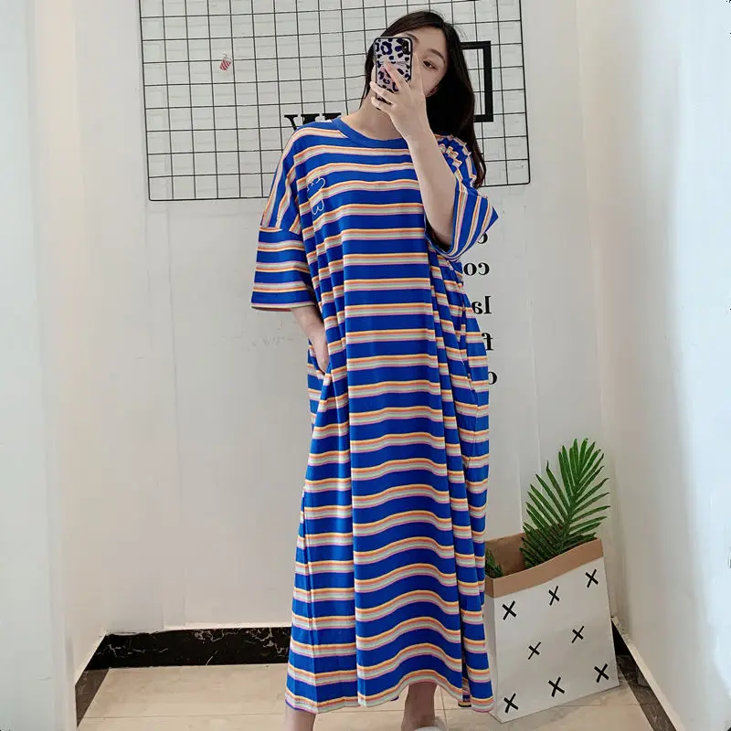 Oversized Summer Trend Loose Striped O-neck Short Sleeve Casual Dresses Women Clothing Simplicity Printing Pullover Long Dress