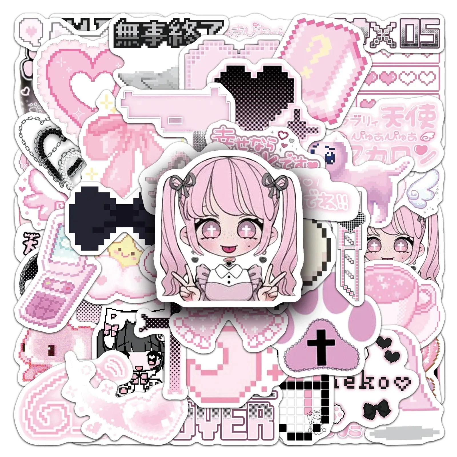 50 Stück rosa süße Pixel Goth Mädchen Anime Cartoon Aufkleber Kühlschrank Koffer Gepäck Scrapbook Laptop Briefpapier Spielzeug Kawaii Aufkleber