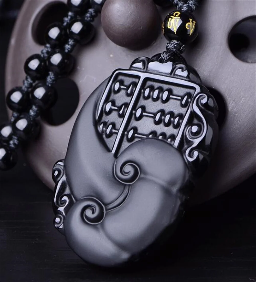 Beautiful Natural Black Obsidian Carved Chinese Blessing RuYI Abacus Lucky Amulet Pendant + Free Necklace Fine Jewelry