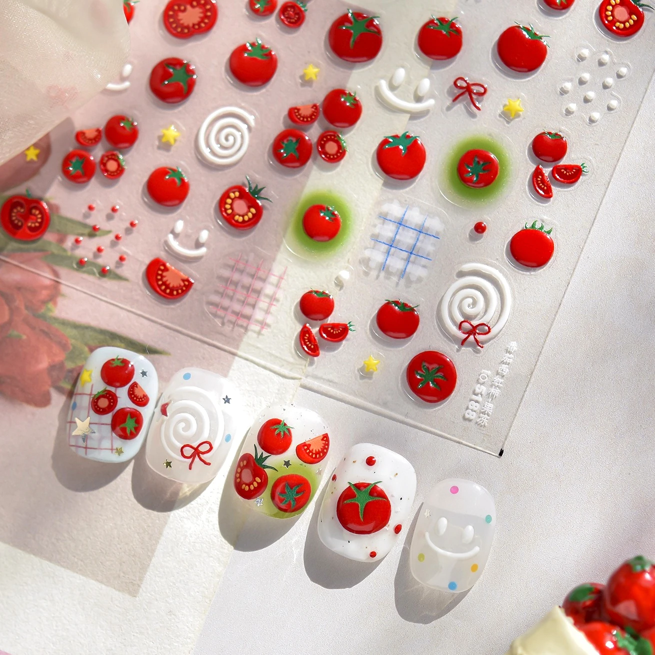 Lindo tomate jugoso rico en vitaminas Gird Happy Line estrella fruta corte punto Bowknot autoadhesivo pegatinas para decoración de uñas calcomanía de manicura