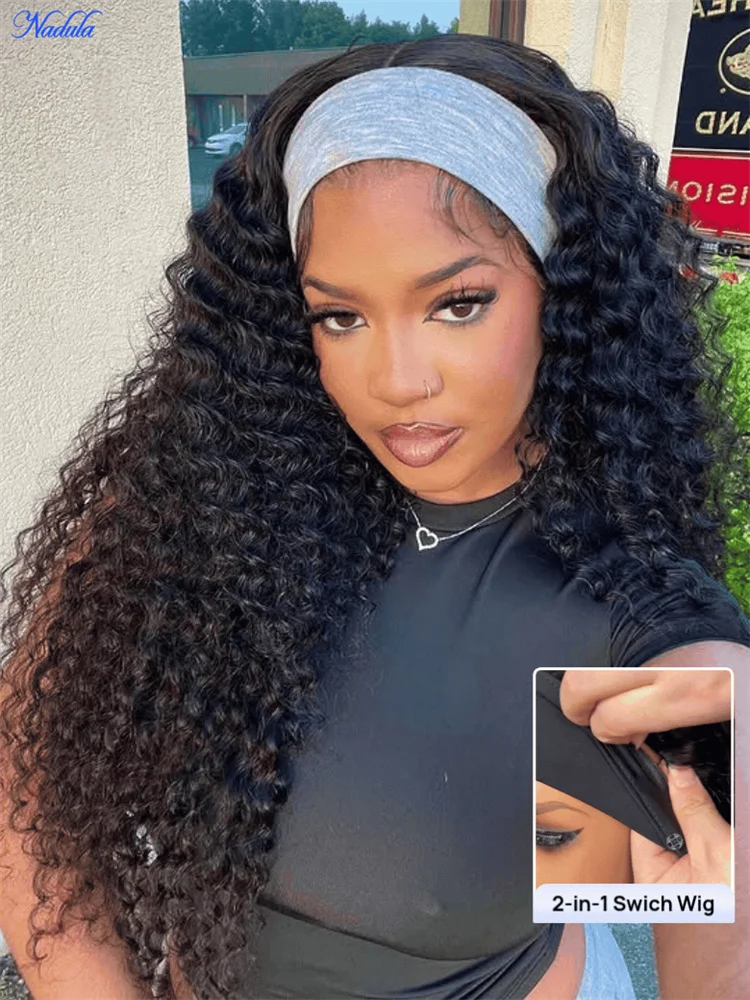 Nadula 2-In-1 Switch™ Headband Half Human Hair Wig Water Wave Detachable Zipper Headband 2 Styles  100% Virgin Human Hair No Tangle No Shedding Put On And Go Machine Made Wig With Drawstring