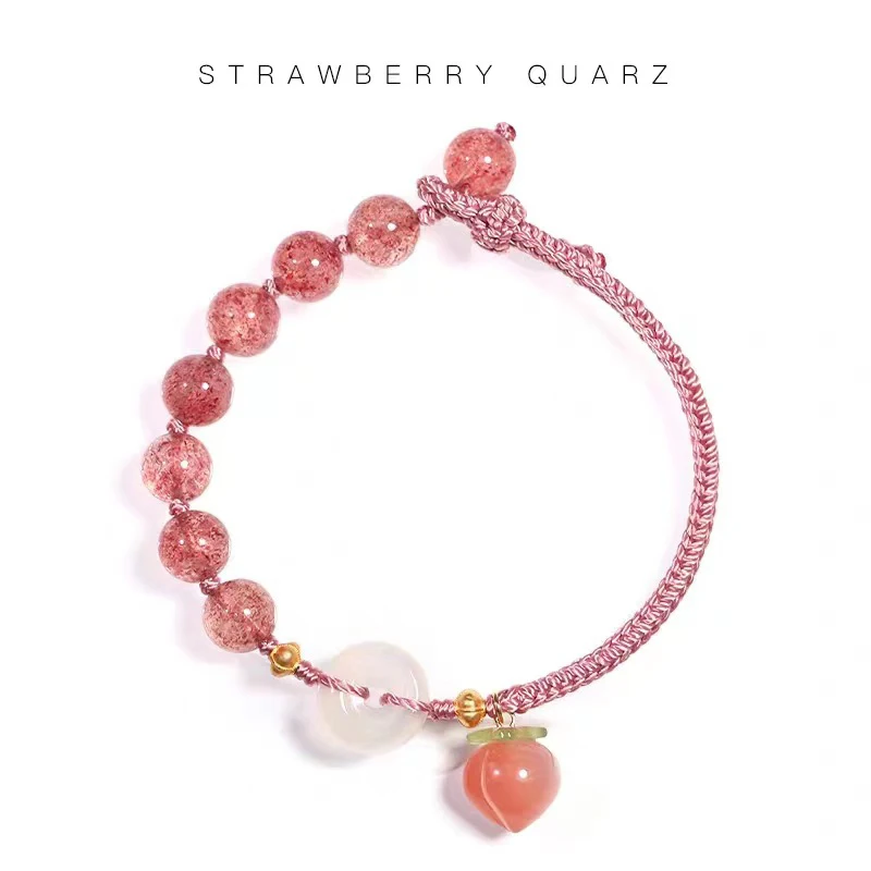 HESHI Strawberry Quartz Beads Agate Peach Handmade Weaving Adjustable Bracelet for Men Women Love Blessing