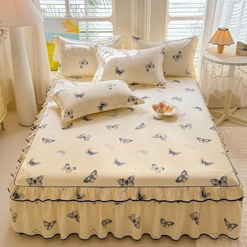 Black Lock Edge Pleated Bed Apron Decorative Cover Fabric Bedding Moisture Absorbing and Breathable Not Easily Stuffy Bed Skirts
