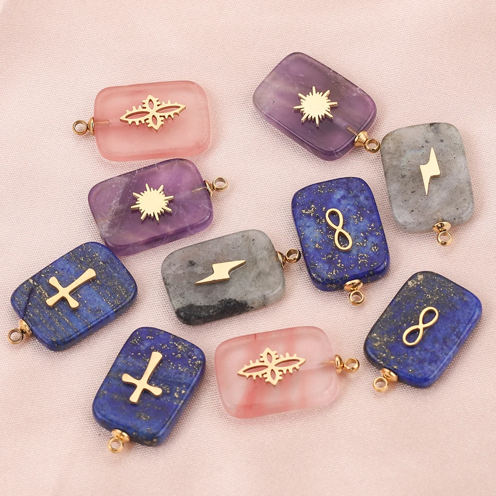 5pcs 12.5*17mm Natural Stone Stainless Steel Square Charms Quartz Cross Pendants DIY Earring Necklaces Jewelry Making Wholesale