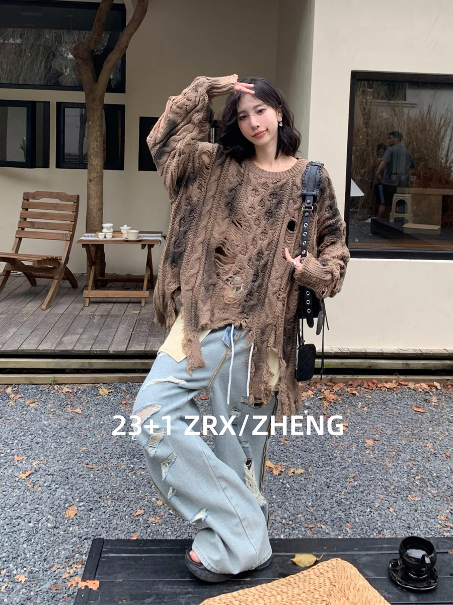 ReddaChic Women Ripped Dirty Brown Sweater Cable Knit Irregular Raw Edge Pullover Casual Jumper Top Vintage Fall Winter Clothes