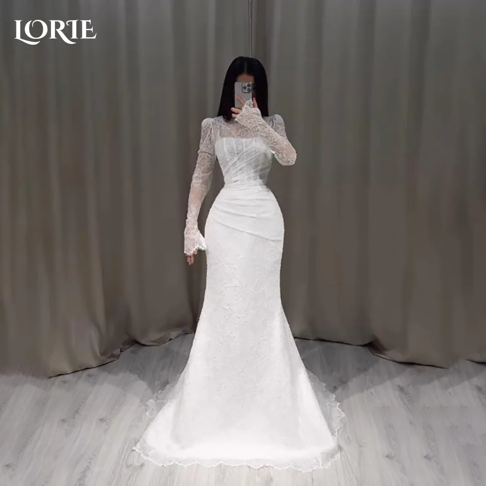 

LORIE Lace Muslim Wedding Dresses Applique High Collar Flared Sleeve Church Mermaid Bridal Gown vestido de novia Customized