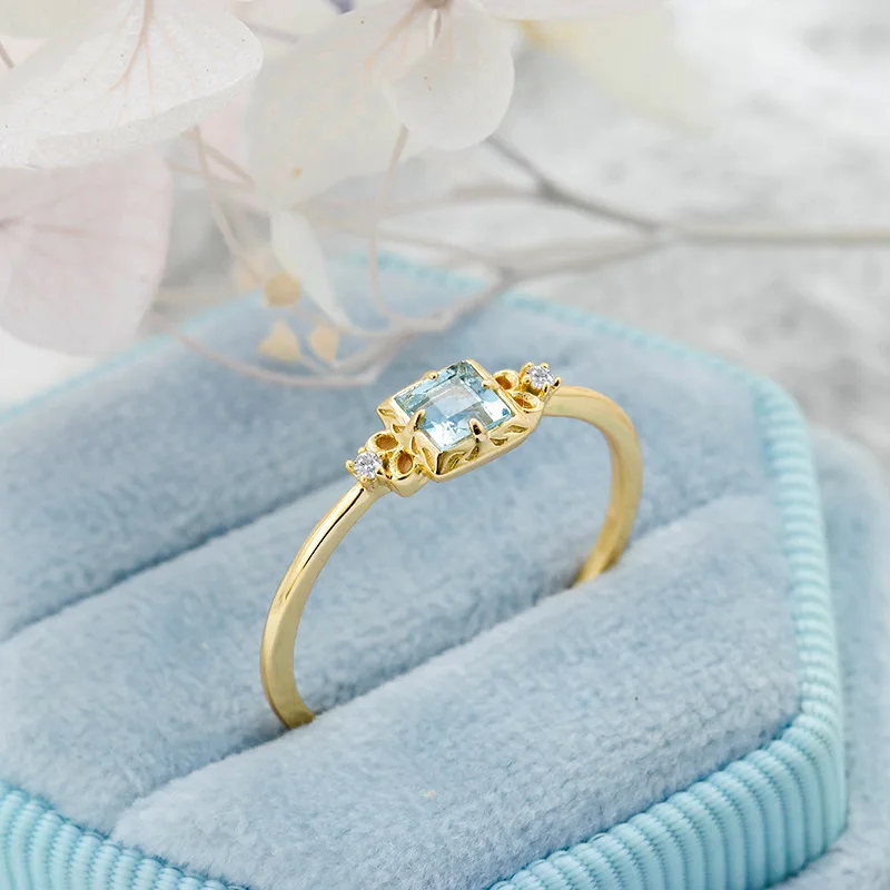 LAMOON Wedding Engagement Ring For Women Natural Aquamarine Gemstone Rings S925 Silver Gold Plated Fine Jewelry Exquisite Bijou