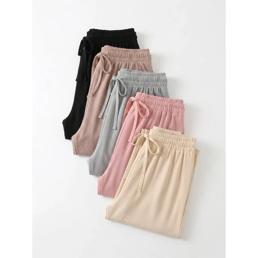 Grey Khaki Women High Waisted Trousers 2026 Summer Slacks Loose Women Pants Soft Ice Silk Ankle-Length Black Wide Leg Pants