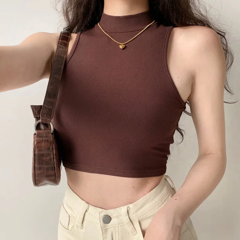 

Summer New Retro Semi High Neck Sleeveless Vest Slim Fit Short Style With Exposed Navel Inner Top