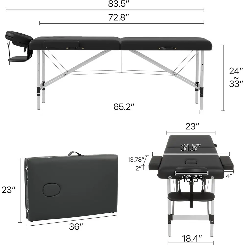 Portable 2-Section Adjustable Massage and Tattoo Bed, Height-Adjustable with Face Cradle, Lightweight for Home Use, Black