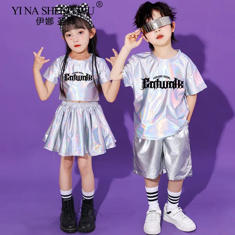 Conjunto de baile de Jazz de Hip Hop metálico para niños y niñas, camiseta plateada, pantalones cortos, falda, puesta en escena de porristas, Ropa de baile para niños