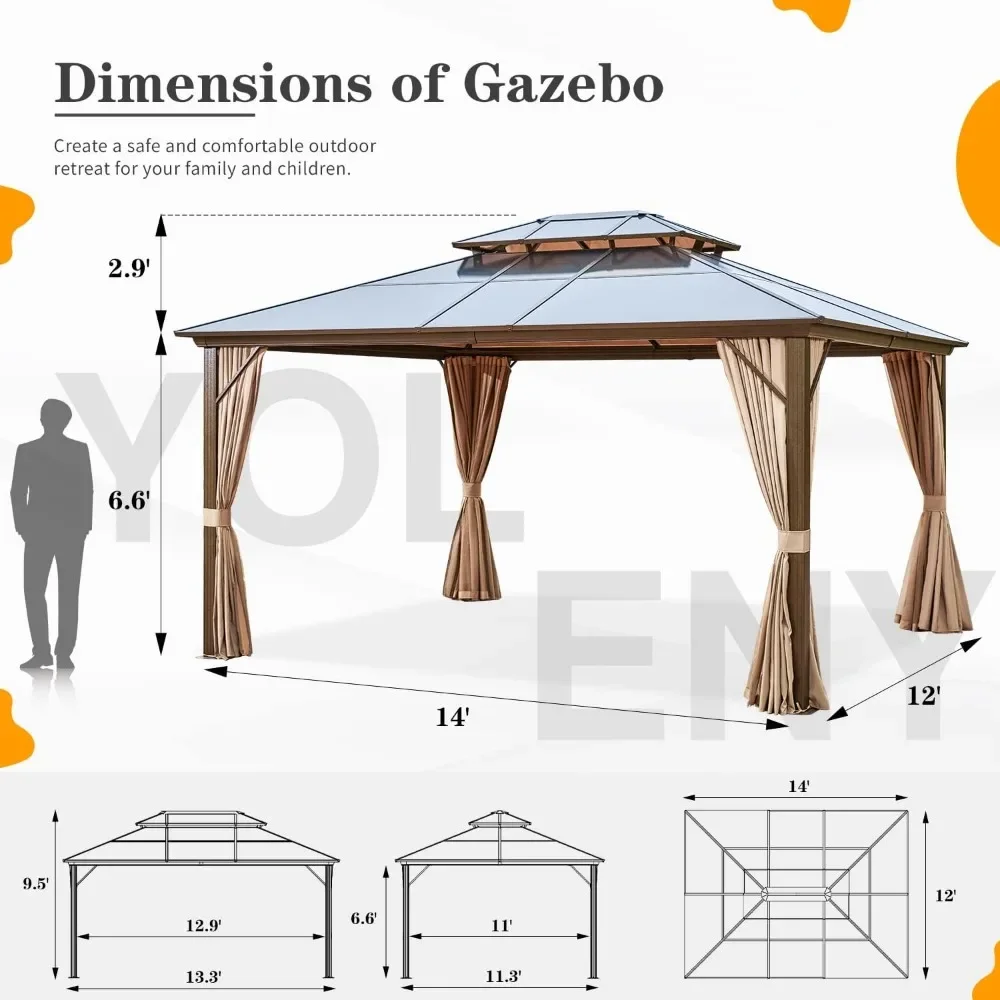 12'x14' hard-top gazebo, outdoor polycarbonate double roof canopy, permanent gazebo with curtains, aluminum frame, sun visor