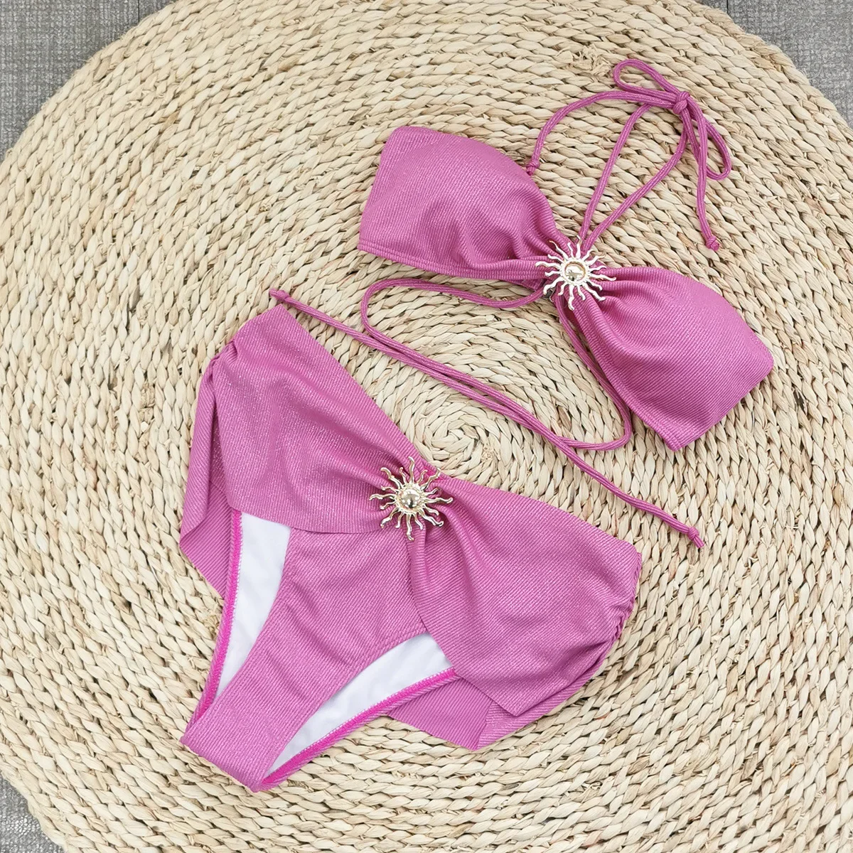 Vintage roxo duas peças maiô feminino metal sol ornamento cruz push up sutiã babados cintura alta biquíni 2025 praia fatos de banho