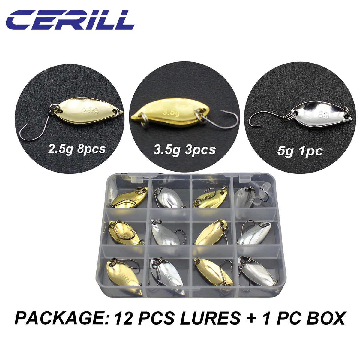 Cerill 12 PCS Spoon Metal Fishing Lure Set Wobbler Spinner Bait With Hook Spinnerbait Kit With Box Gold Silver Color