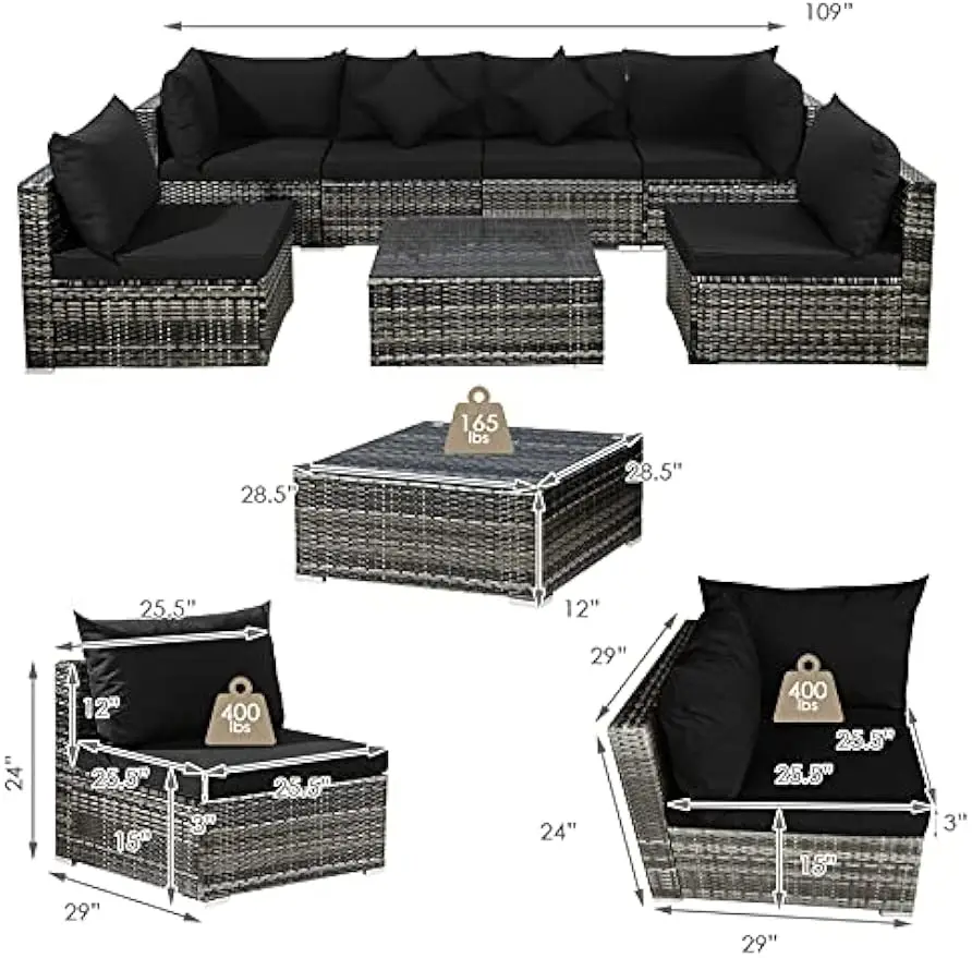 Patio Furniture Set, Outdoor Sectional PE Rattan Sofa Set with Cushions and Tempered Coffee Table, All-Weather Conversation Set