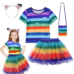 Children Gabby Dollhouse Cartoon Rainbow T-Shirt+Skirt+Bag Sets Kids Halloween Gabby Cats Costume Birthday Party Clothes 4-10 Yr