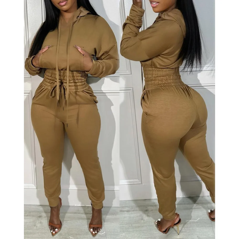 

2 Piece Outfits Lounge Hoodie Shirred Waist Pocket Design Sweatshirt Cuffed Jogger Sweatpants Tracksuit for Women Autumn Winter