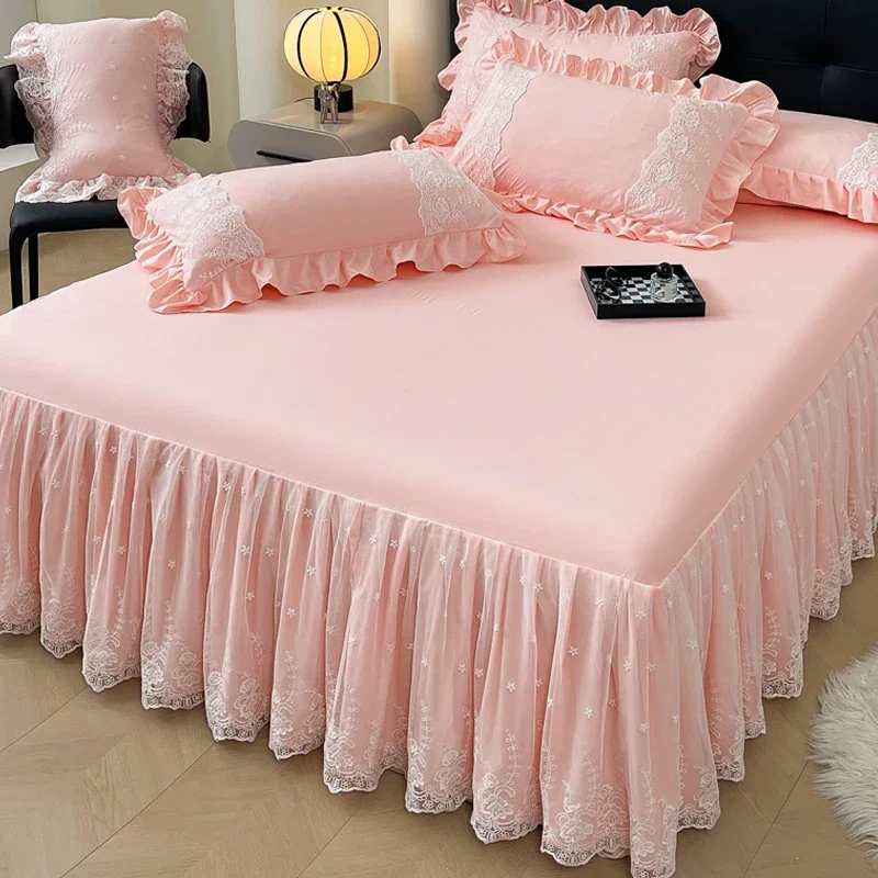 AI WINSURE-Washed Cotton Thin Bed Sheet, Lace Bedspread Double, Ruffle Bed Skirt Queen, King Size, with 2 Pillow Cases, 3pcs