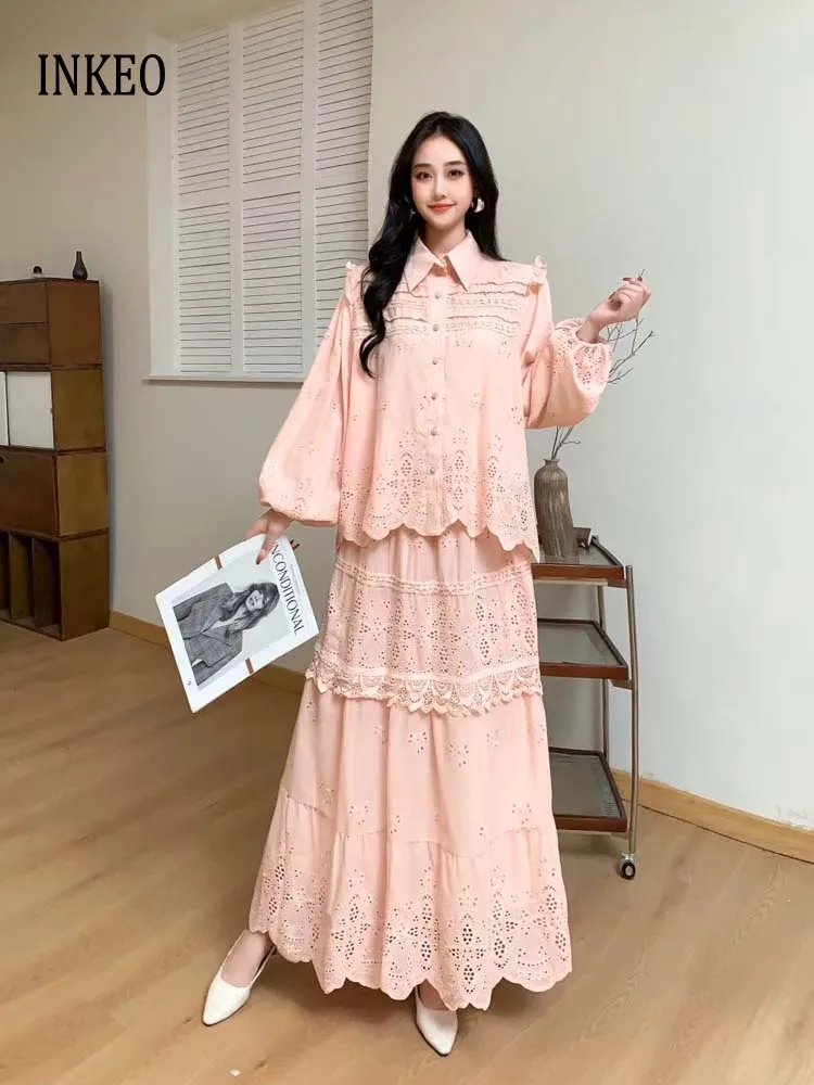 

Women's Beach Floral Embroidery Top And Elastic Waist Midi Skirt 2-Piece Set Luxury Long Sleeve Shirt 2025 Design INKEO 5D093