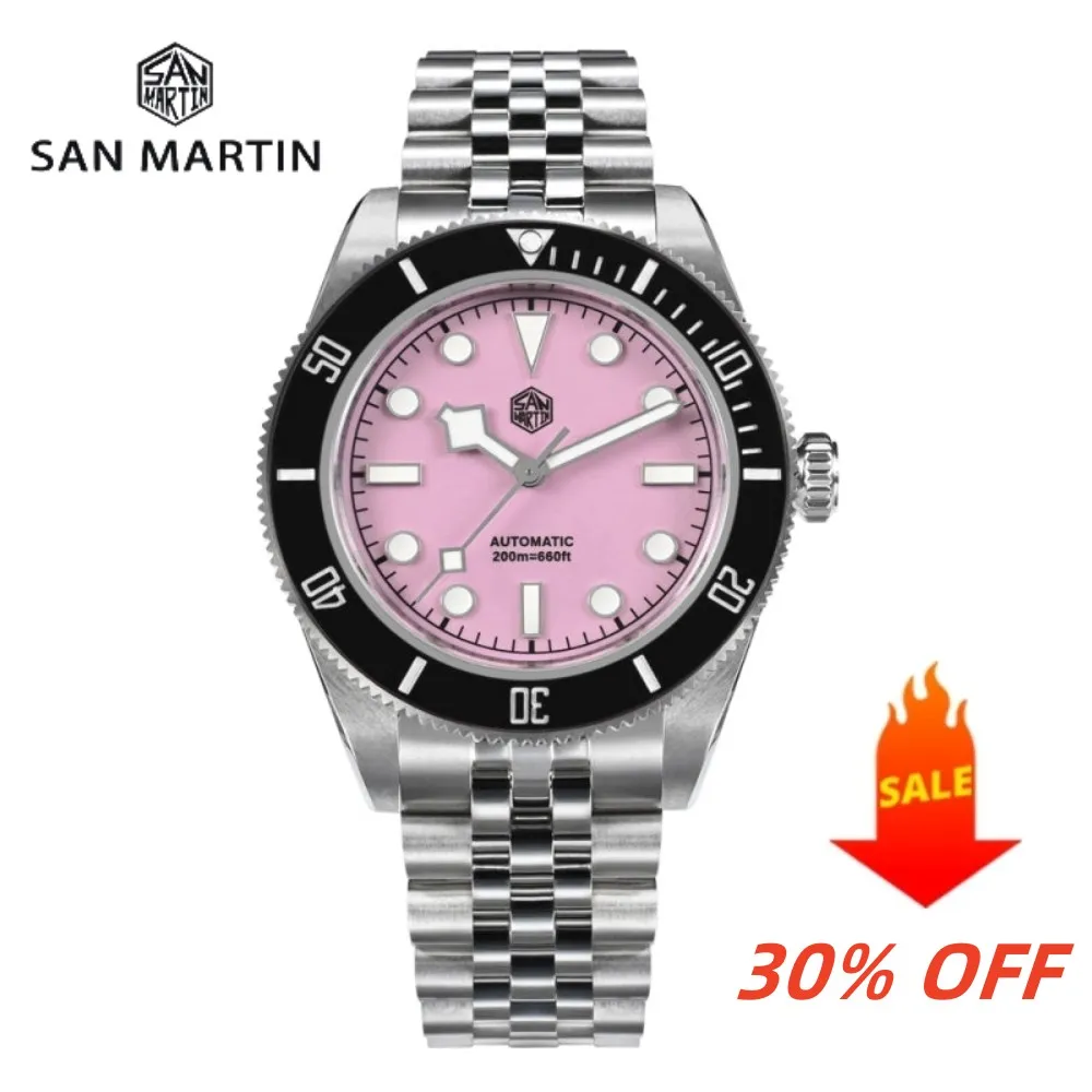 San Martin 40mm Pink BB Diver Watch NH35 Top Brand Classic Luxury Men\'s Automatic Mechanical Sapphire Waterproof 200m SN0128