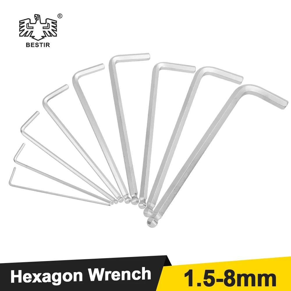 BESTIR 4-10pcs Long Hex Key Set 1.5-8mm Long Allen Key Chrome Vanadium Double Ended Ball Head L Shape Hexagon Wrench Hand Tools