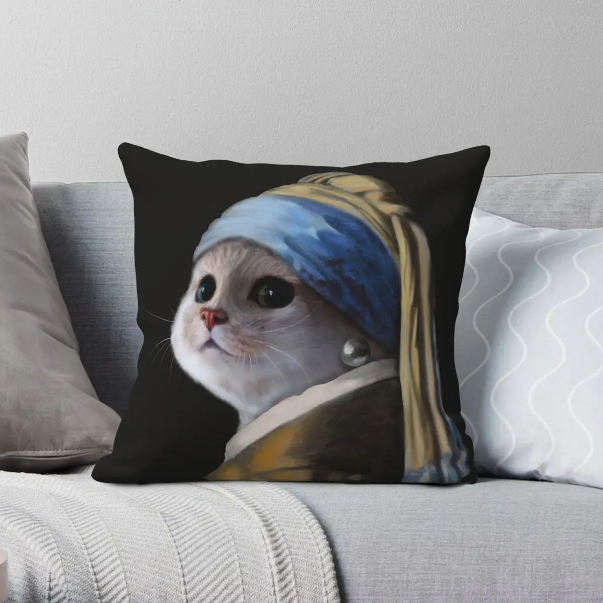 Vermeer Girl With A Pearl Earring Cat Square Pillowcase Polyester Linen Velvet Pattern Zip Decor Pillow Case Home Cushion Case