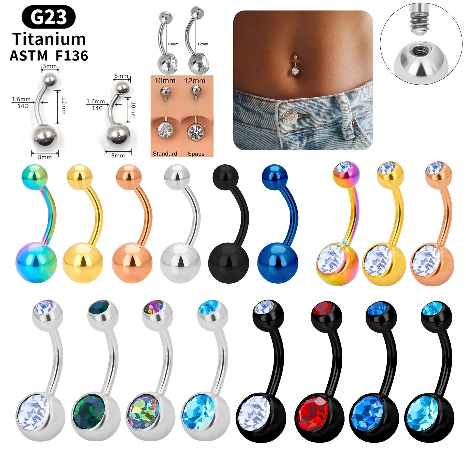 New G23 Titanium High Quality Colorful Zircon inlay Belly Button Rings Navel Piercing Jewelry 14G Body Pircing Jewelry For Women