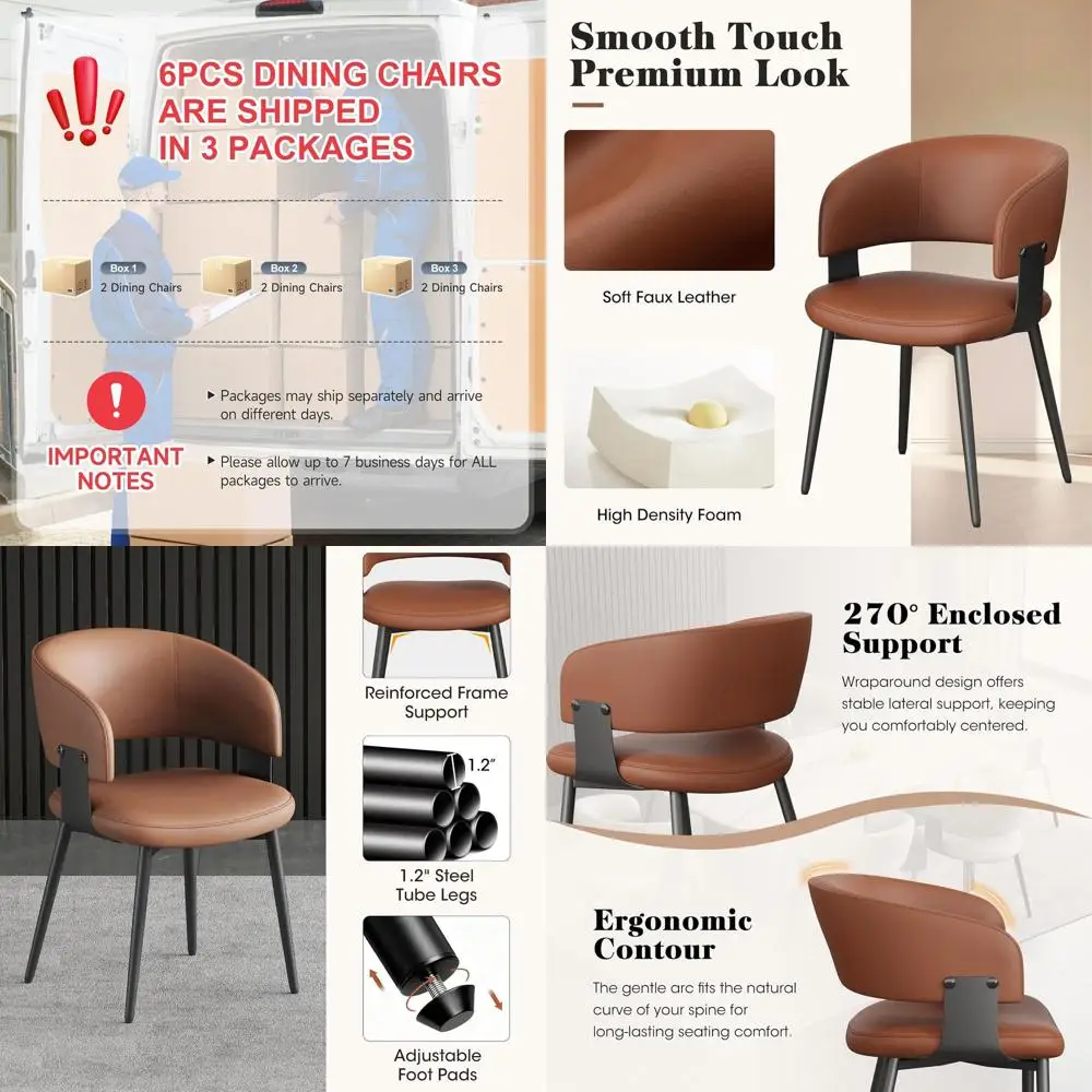 

6-Piece Leather Upholstered Dining Set with Curved Backrest and Metal Legs, Suitable for Century-Style Kitchen or Café (Brown)
