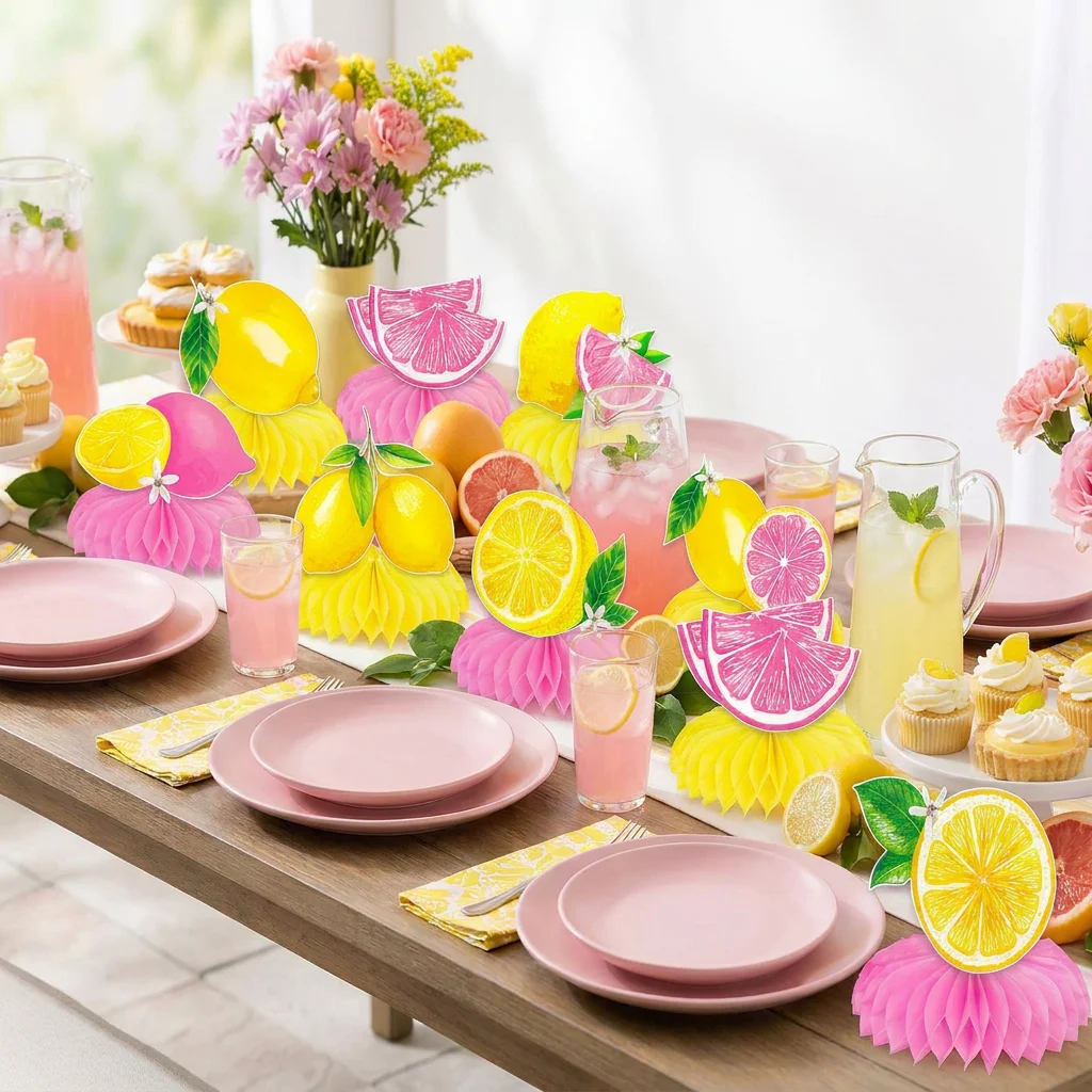Decoraciones para Puesto de Limonada Rosa, Centros de Mesa de Panal de Abeja, Artículos para Fiestas de Cumpleaños Infantiles con Temática de Limón de Verano, Baby Shower