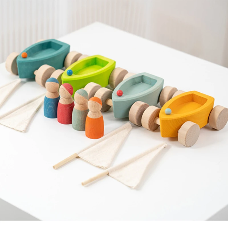 Basswood Rainbow Car Set with Peg Dolls Kids Small World Play Toys Stacking Blocks Waldorf Wood Toys for Children Car Track