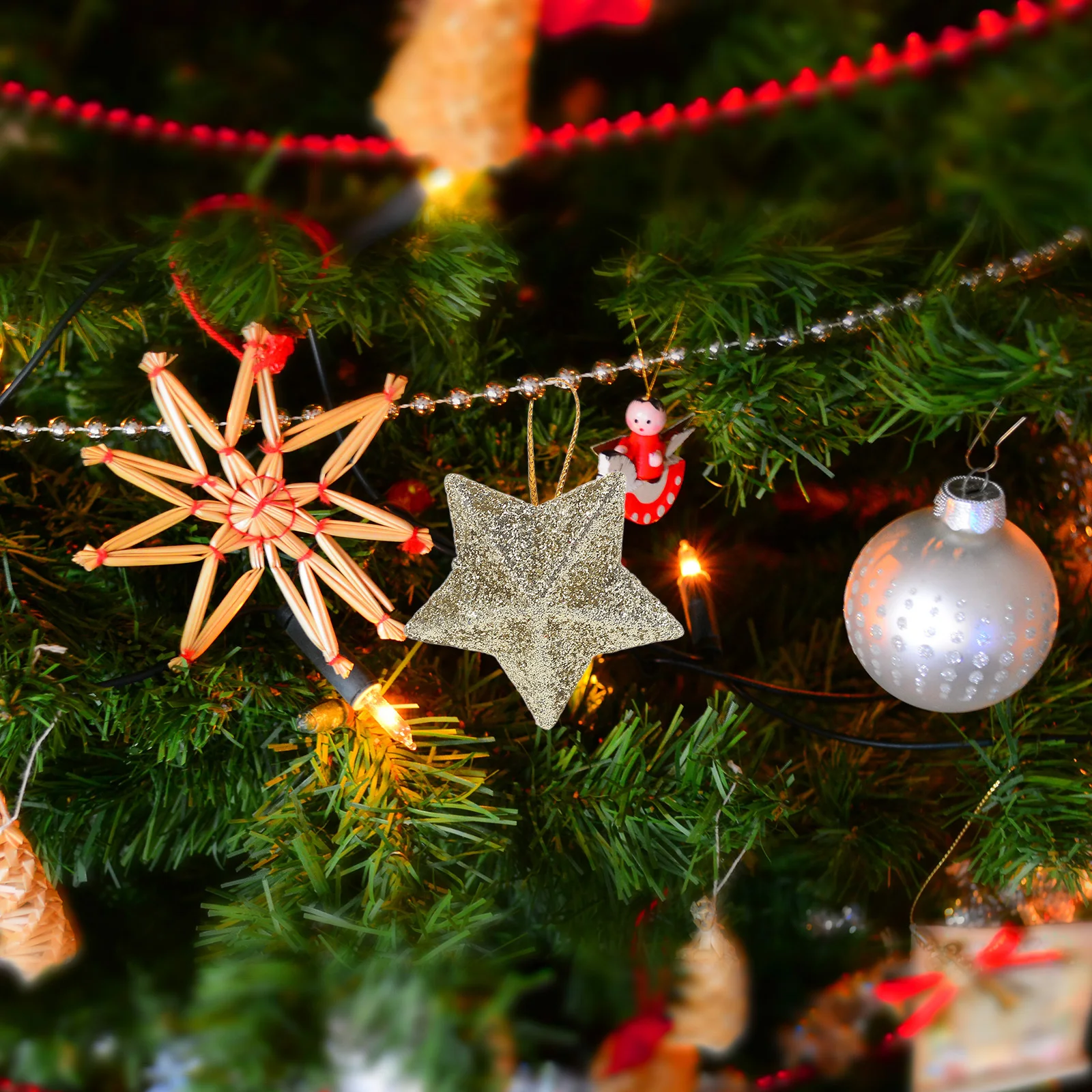 

12Pcs Christmas Golden Star Ornaments 3D Glitter Pentagram Hanging Pendants for Holiday Wedding Festival Xmas Party Tree Decor