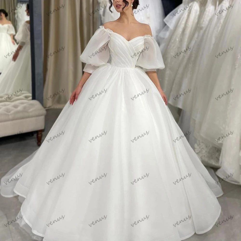 

Graceful Wedding Dresses A-Line Organza Tiered Bridal Gowns Off The Shoulder Puff Sleeves Robes For Celebrity Vestidos De Novia