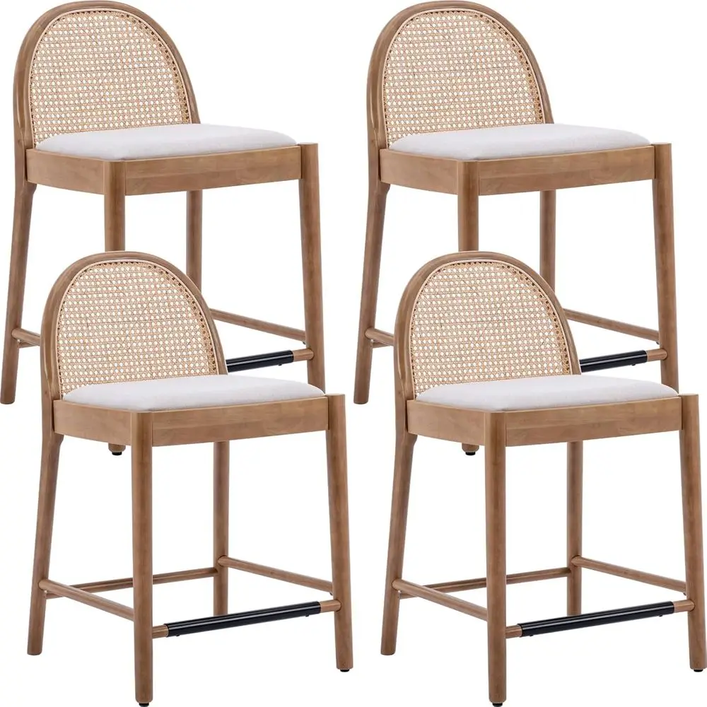 

Set of 4, 26 Inch Linen Upholstered Counter Height Barstools with Rattan Back, Wooden Legs for Kitchen Dining Room, Beige