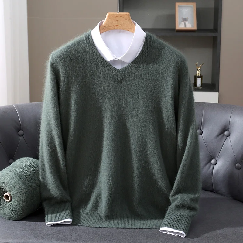 High Quality  Men Long Sleeve Knitwear  Sweater Autumn  And  Winter V-Neck 100%  Mink Cashmere  Soft  Warm  Clothing  Tops
