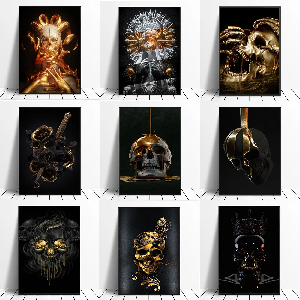 Abstract Metal Skull Statue Diamond Painting Gothic Darkness Skeleton Painting Golden Black Portrait Picture halloween Art J604