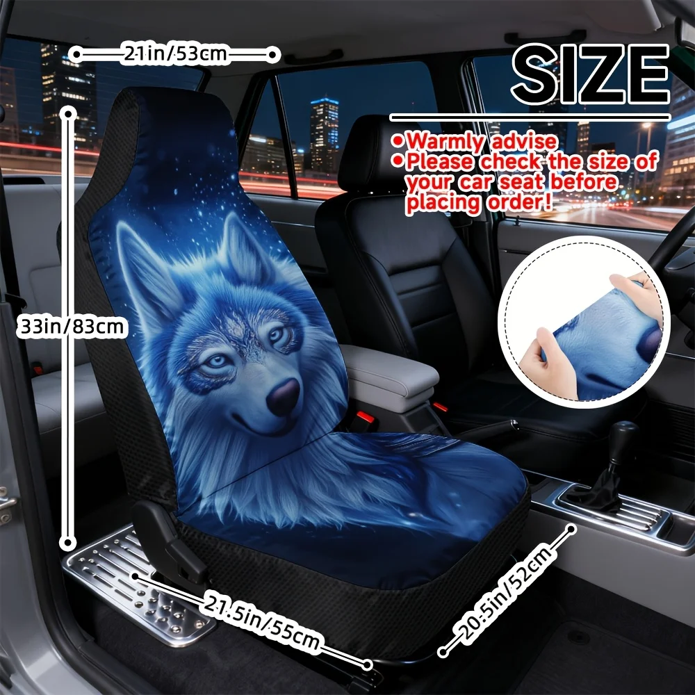 2D Flat Printing, 2pcs, Decorative Mystical Blue Wolf Portrait Print Car Seat Covers, Fit For SUV Sedan Truck, Stylish Washable
