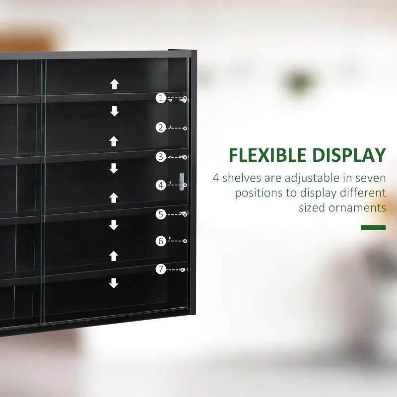 5-Tier Display Cabinet, Glass Door Cabinet With Adjustable Shelves, Wall-Mounted Display Case For Playroom, Bedroom, Black
