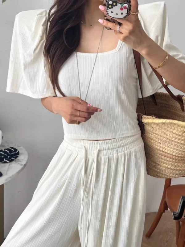 Bubble Sve ort Coat Women's Collar Slim Fit Top And Loose Wide Leg Pants Set Elastic Waisand Versatile Summer Outfit