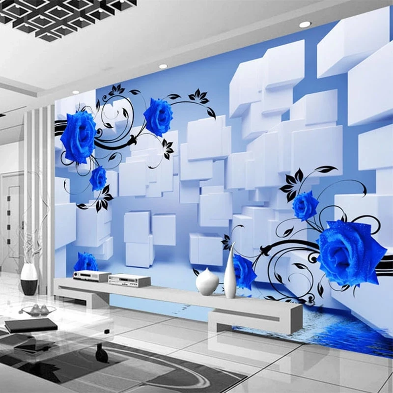 Customized 3D Relief Blue Flower Mural Geometric Square Spatial Expansion Wallpaper Living room TV background bedroom restaurant