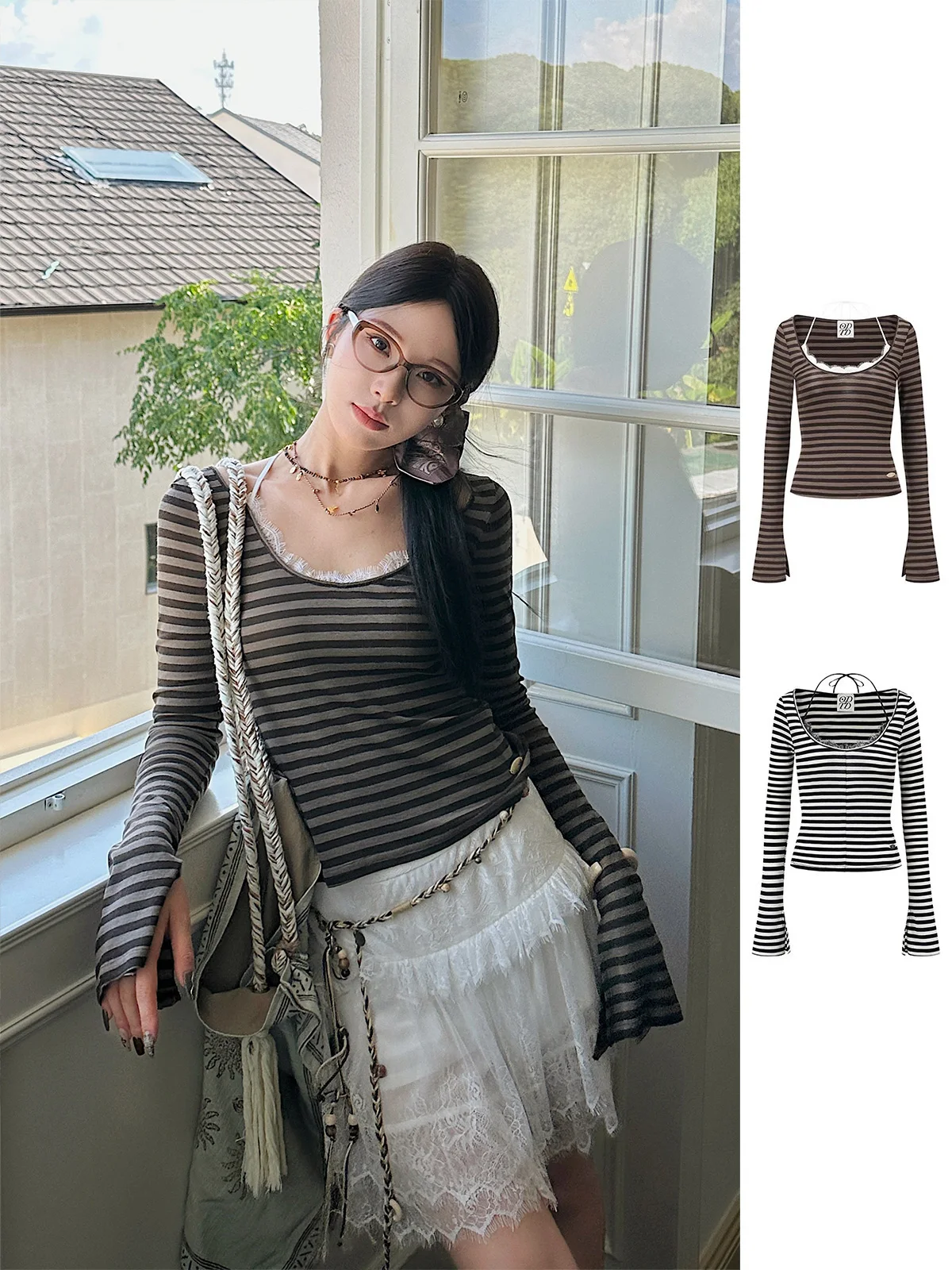 

Brand New Striped round Ne Lace Color Blo Top Women's Faion Commute Sle Long Sve Regular Fit Lace irt