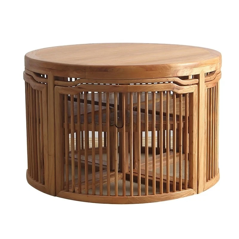 

HJ new Chinese old elm round dining table Zen furniture solid wood tea table combination creative talk about tables and chairs