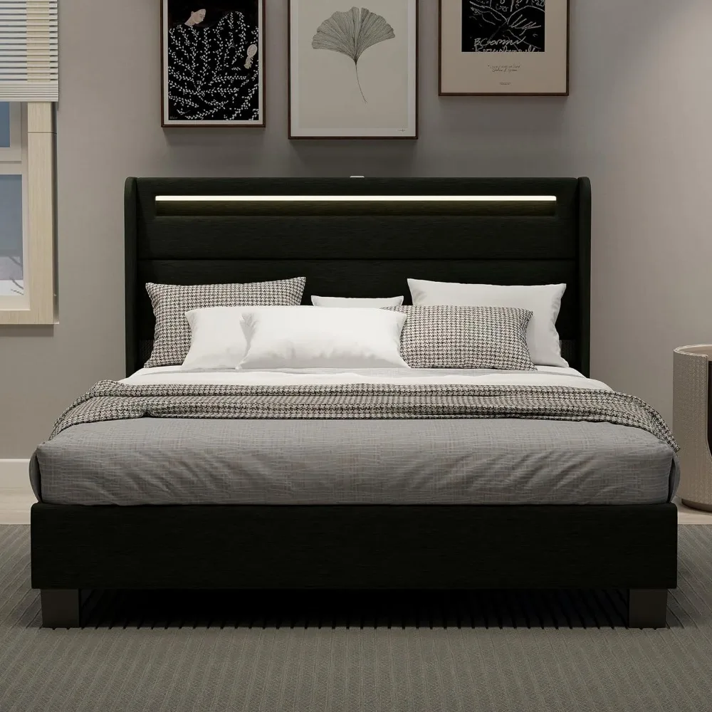 Alazyhome Queen Size Bedframe Met Ledverlichting En Linnen Gestoffeerd Hoofdeinde, Houten Latten Ondersteunen Plateaubed