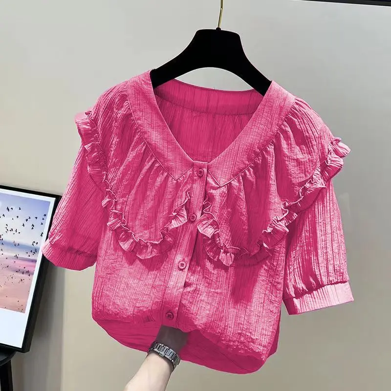 

Women Summer Style Chiffon Blouses Shirts Lady Casual Short Sleeve Slash Neck Solid Loose Elegant Blouses Tops Ruffled S43