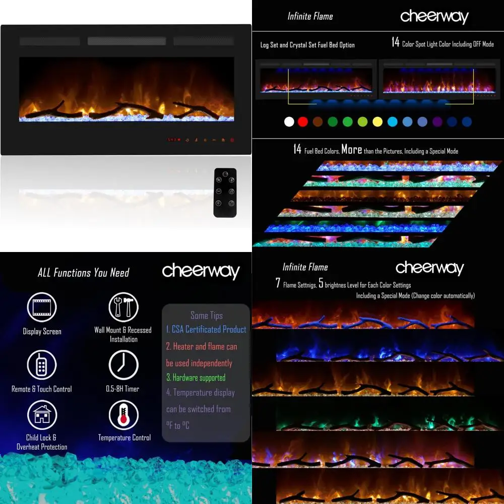 

36 Inch Electric Fireplace Insert - Wall Mount Heater with Remote and Touch Control, Adjustable Heat Settings for Home Comfort